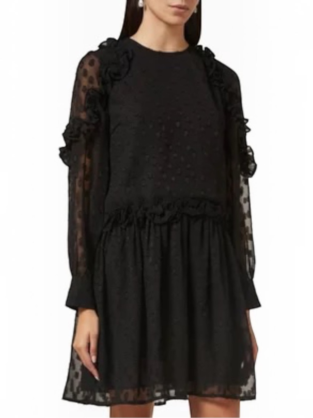 Y.A.S Yasmazalli Swiss Dot Ruffle Mini Dress NWT Size M Black